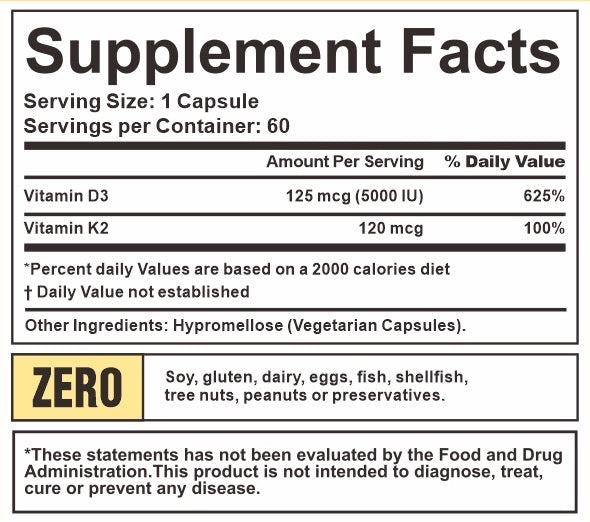 Crown Elite Premium Vitamin D3 & K2 Supplement, 2 in 1 Complex, Supports Heart, & Immune System | 5000 IU of D3 & 100 mcg of K2 | Non-GMO, Organic Vegan Capsules